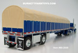 Item #60-2030 Galaxy Blue Tan Peterbilt 379 36-inch Flattop Sleeper with Galaxy Blue Sided Tan Tarp Galaxy Blue Frame Spread Axle Wilson Roadbrute 53-foot Flatbed Covered Wagon Trailer - 1/64 Scale – DCP by First Gear