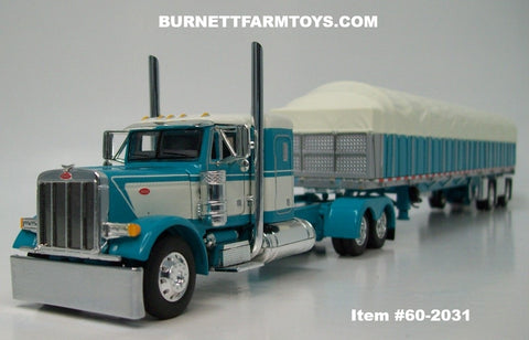 Item #60-2031 Turquoise White Peterbilt 379 36-inch Flattop Sleeper with Turquoise Sided Cream Tarp Turquoise Frame Spread Axle Wilson Roadbrute 53-foot Flatbed Covered Wagon Trailer - 1/64 Scale – DCP by First Gear