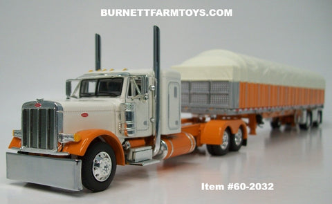 Item #60-2032 White Orange Peterbilt 379 36-inch Flattop Sleeper with Orange Sided Cream Tarp Orange Frame Spread Axle Wilson Roadbrute 53-foot Flatbed Covered Wagon Trailer - 1/64 Scale – DCP by First Gear