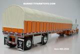 Item #60-2032 White Orange Peterbilt 379 36-inch Flattop Sleeper with Orange Sided Cream Tarp Orange Frame Spread Axle Wilson Roadbrute 53-foot Flatbed Covered Wagon Trailer - 1/64 Scale – DCP by First Gear