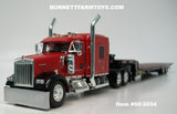 Item #60-2034 Red Black Fender Kenworth W900L 72-inch AeroCab Flattop Sleeper with Black Tandem Axle Landoll 440 Series Traveling Slide Axle Flatbed Trailer - 1/64 Scale – DCP by First Gear