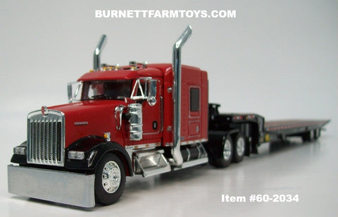 Item #60-2034 Red Black Fender Kenworth W900L 72-inch AeroCab Flattop Sleeper with Black Tandem Axle Landoll 440 Series Traveling Slide Axle Flatbed Trailer - 1/64 Scale – DCP by First Gear