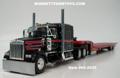 Item #60-2035 Black Red White Outline Kenworth W900L 72-inch AeroCab Flattop Sleeper with Red Tandem Axle Landoll 440 Series Traveling Slide Axle Flatbed Trailer - 1/64 Scale – DCP by First Gear
