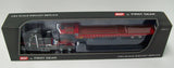 Item #60-2035 Black Red White Outline Kenworth W900L 72-inch AeroCab Flattop Sleeper with Red Tandem Axle Landoll 440 Series Traveling Slide Axle Flatbed Trailer - 1/64 Scale – DCP by First Gear