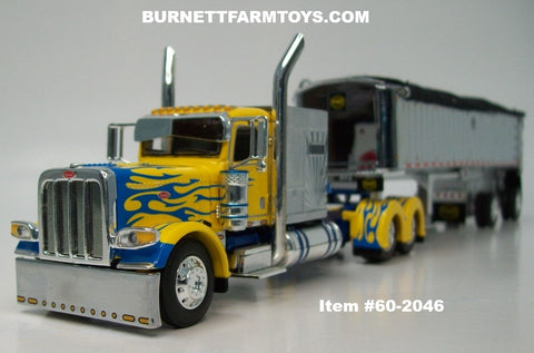 Item #60-2046 Yellow Blue Flame Peterbilt 389 60-inch Chrome Vintage Flattop Sleeper with Chrome Sided Black Tarp Silver Frame Spread Axle MAC Frameless Coal Dump Trailer - 1/64 Scale – DCP by First Gear