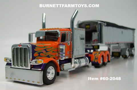 Item #60-2048 Orange Purple Gold Flame Peterbilt 389 60-inch Chrome Vintage Flattop Sleeper with Chrome Sided Black Tarp Silver Frame Spread Axle MAC Frameless Coal Dump Trailer - 1/64 Scale – DCP by First Gear