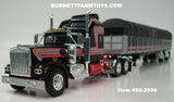 Item #60-2056 Black Viper Red Silver Kenworth W900A Aerodyne Sleeper with Whale Tail and Black Viper Red Silver Sided Black Tarp Black Frame Spread Axle 53-foot Flatbed Covered Wagon Trailer - 1/64 Scale – DCP by First Gear