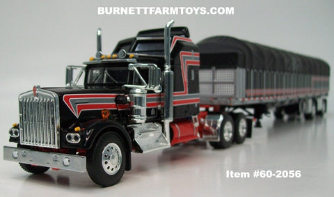 Item #60-2056 Black Viper Red Silver Kenworth W900A Aerodyne Sleeper with Whale Tail and Black Viper Red Silver Sided Black Tarp Black Frame Spread Axle 53-foot Flatbed Covered Wagon Trailer - 1/64 Scale – DCP by First Gear