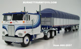 Item #60-2057 Blue White Black Outline Peterbilt 352 COE 110-inch Sleeper with White Sided Blue Tarp Blue Frame Spread Axle Wilson Roadbrute 53-foot Flatbed Covered Wagon Trailer - 1/64 Scale – DCP by First Gear