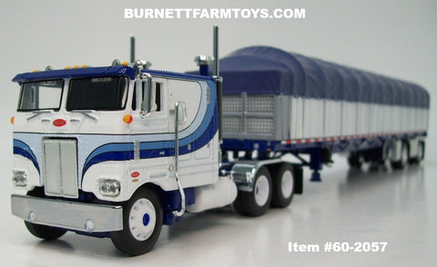 Item #60-2057 Blue White Black Outline Peterbilt 352 COE 110-inch Sleeper with White Sided Blue Tarp Blue Frame Spread Axle Wilson Roadbrute 53-foot Flatbed Covered Wagon Trailer - 1/64 Scale – DCP by First Gear