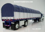 Item #60-2057 Blue White Black Outline Peterbilt 352 COE 110-inch Sleeper with White Sided Blue Tarp Blue Frame Spread Axle Wilson Roadbrute 53-foot Flatbed Covered Wagon Trailer - 1/64 Scale – DCP by First Gear