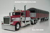 Item #60-2058 Burgundy White Black Outline Peterbilt 389 63-inch Flattop Sleeper with Burgundy Sided Black Tarp Silver Frame Spread Axle Wilson Roadbrute 53-foot Flatbed Covered Wagon Trailer - 1/64 Scale – DCP by First Gear