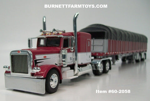 Item #60-2058 Burgundy White Black Outline Peterbilt 389 63-inch Flattop Sleeper with Burgundy Sided Black Tarp Silver Frame Spread Axle Wilson Roadbrute 53-foot Flatbed Covered Wagon Trailer - 1/64 Scale – DCP by First Gear