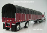 Item #60-2058 Burgundy White Black Outline Peterbilt 389 63-inch Flattop Sleeper with Burgundy Sided Black Tarp Silver Frame Spread Axle Wilson Roadbrute 53-foot Flatbed Covered Wagon Trailer - 1/64 Scale – DCP by First Gear