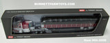 Item #60-2058 Burgundy White Black Outline Peterbilt 389 63-inch Flattop Sleeper with Burgundy Sided Black Tarp Silver Frame Spread Axle Wilson Roadbrute 53-foot Flatbed Covered Wagon Trailer - 1/64 Scale – DCP by First Gear