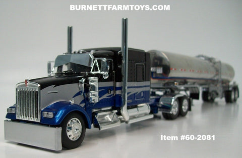 Item #60-2081 Black Blue Silver Kenworth W900L 72-inch AeroCab Sleeper with Polished Silver Tandem Axle Brenner Sanitary Food Grade Tanker Trailer - 1/64 Scale – DCP by First Gear