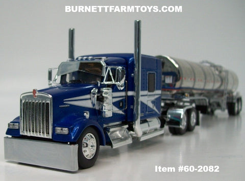 Item #60-2082 Blue White Silver Outline Kenworth W900L 72-inch AeroCab Sleeper with Polished Silver Tandem Axle Brenner Banded Tanker Trailer - 1/64 Scale – DCP by First Gear