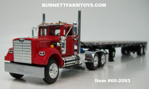 Item #60-2093 Red White Western Star 4900 Day Cab with Silver Black Frame Tandem Axle Utility Flatbed Trailer - 1/64 Scale – DCP by First Gear