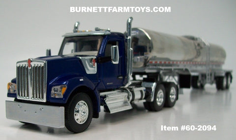 Item #60-2094 Blue Metallic Kenworth W990 Day Cab with Polished Silver Tandem Axle Walker Sanitary Food Grade Tanker Trailer - 1/64 Scale – DCP by First Gear