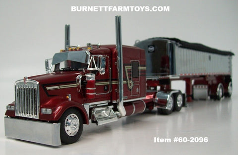 Item #60-2096 Candy Apple Red Gold Stripe Black Stripe Kenworth W900L 72-inch AeroCab Flattop Sleeper with Chrome Sided Black Tarp Candy Apple Red Frame Spread Axle MAC Coal Dump Trailer - 1/64 Scale – DCP by First Gear