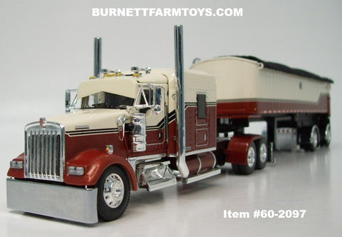 Item #60-2097 Cream Burnt Orange Black Stripe Kenworth W900L 72-inch AeroCab Flattop Sleeper with Cream Burnt Orange Black Sided Black Tarp Black Frame Spread Axle MAC Coal Dump Trailer - 1/64 Scale – DCP by First Gear