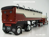 Item #60-2097 Cream Burnt Orange Black Stripe Kenworth W900L 72-inch AeroCab Flattop Sleeper with Cream Burnt Orange Black Sided Black Tarp Black Frame Spread Axle MAC Coal Dump Trailer - 1/64 Scale – DCP by First Gear