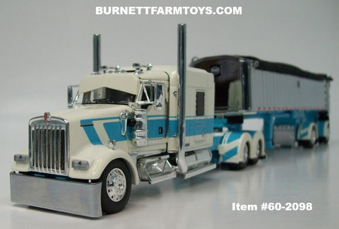 Item #60-2098 Cream Turquoise Kenworth W900L 72-inch AeroCab Flattop Sleeper with Chrome Sided Black Tarp Turquoise Frame Spread Axle MAC Coal Dump Trailer - 1/64 Scale – DCP by First Gear