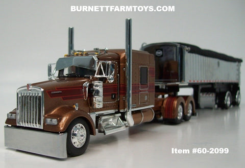 Item #60-2099 Brown Metallic Burgundy Stripe Red Outline Kenworth W900L 72-inch AeroCab Sleeper with Chrome Sided Black Tarp Black Frame Spread Axle MAC Coal Dump Trailer - 1/64 Scale – DCP by First Gear