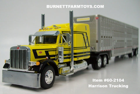 Item #60-2104 Harrison Trucking Yellow Black Peterbilt 379 63-inch Mid Roof Sleeper with Silver Spread Axle Wilson Silver Star Livestock Trailer - 1/64 Scale – DCP by First Gear