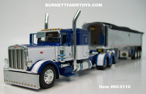 Item #60-2110 Blue Metallic White Peterbilt 389 48-inch Flattop Sleeper with Chrome Sided Black Tarp Silver Frame Tri-Axle MAC Coal Dump Trailer - 1/64 Scale – DCP by First Gear