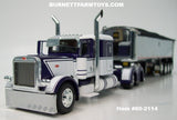 Item #60-2114 Purple White Peterbilt 389 48-inch Flattop Sleeper with Chrome Sided Black Tarp Black Frame Quad Axle MAC Coal Dump Trailer - 1/64 Scale – DCP by First Gear