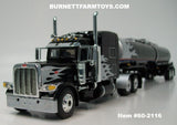 Item #60-2116 Black Silver Flame Peterbilt 389 70-inch Mid Roof Sleeper with Black Silver Flame Tandem Axle Brenner Chemical Tanker Trailer - 1/64 Scale – DCP by First Gear