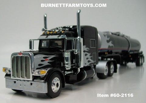 Item #60-2116 Black Silver Flame Peterbilt 389 70-inch Mid Roof Sleeper with Black Silver Flame Tandem Axle Brenner Chemical Tanker Trailer - 1/64 Scale – DCP by First Gear