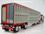 Item #60-2122 Red White Black Stripe Gold Outline Kenworth K100 COE Aerodyne Sleeper with Silver Sided Red Trim Spread Axle Wilson Silver Star Livestock Trailer - 1/64 Scale – DCP by First Gear