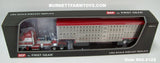 Item #60-2122 Red White Black Stripe Gold Outline Kenworth K100 COE Aerodyne Sleeper with Silver Sided Red Trim Spread Axle Wilson Silver Star Livestock Trailer - 1/64 Scale – DCP by First Gear