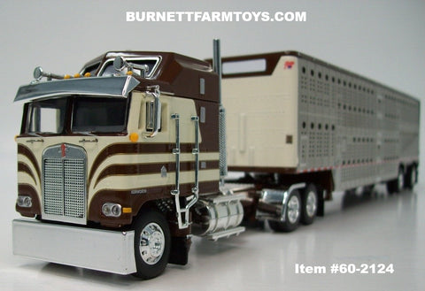 Item #60-2124 Brown Cream Gold Outline Kenworth K100 COE Aerodyne Sleeper with Silver Sided Brown Trim Spread Axle Wilson Silver Star Livestock Trailer - 1/64 Scale – DCP by First Gear