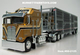 Item #60-2125 Gold Black White Outline Kenworth K100 COE Aerodyne Sleeper with Black Sided Silver Trim Spread Axle Wilson Silver Star Livestock Trailer - 1/64 Scale – DCP by First Gear