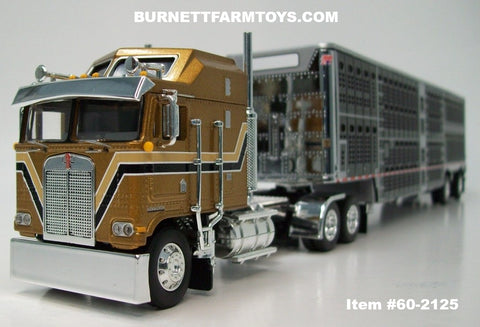 Item #60-2125 Gold Black White Outline Kenworth K100 COE Aerodyne Sleeper with Black Sided Silver Trim Spread Axle Wilson Silver Star Livestock Trailer - 1/64 Scale – DCP by First Gear