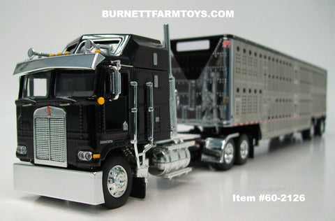 Item #60-2126 Black Kenworth K100 COE Aerodyne Sleeper with Silver Sided Black Trim Spread Axle Wilson Silver Star Livestock Trailer - 1/64 Scale – DCP by First Gear