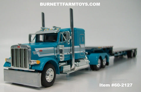 Item 60-2127 Turquoise White Stripe Silver Outline Peterbilt 379 48-inch Flattop Sleeper with Silver Deck Turquoise Frame Spread Axle Transcraft Eagle Stepdeck Trailer - 1/64 Scale – DCP by First Gear