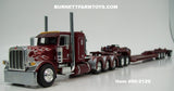 Item #60-2129 Burgundy Silver Flame Red Outline Tri-Axle Peterbilt 389 36-inch Flattop Sleeper with Burgundy Tri-Axle Heavy Haul Fontaine Magnitude Lowboy Trailer with Jeep and Stinger - 1/64 Scale – DCP by First Gear