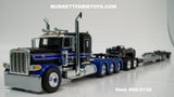 Item #60-2132 Black Blue Silver Outline Tri-Axle Peterbilt 389 36-inch Flattop Sleeper with Black Tri-Axle Heavy Haul Fontaine Magnitude Lowboy Trailer with Jeep and Stinger - 1/64 Scale – DCP by First Gear