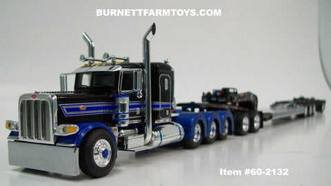 Item #60-2132 Black Blue Silver Outline Tri-Axle Peterbilt 389 36-inch Flattop Sleeper with Black Tri-Axle Heavy Haul Fontaine Magnitude Lowboy Trailer with Jeep and Stinger - 1/64 Scale – DCP by First Gear