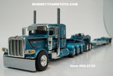 Item #60-2135 Aqua Blue Metallic Black Stripe Silver Outline Peterbilt 389 36-inch Flattop Sleeper with Aqua Blue Metallic Tri-Axle Heavy Haul Fontaine Magnitude Lowboy Trailer with Jeep and Stinger - 1/64 Scale – DCP by First Gear