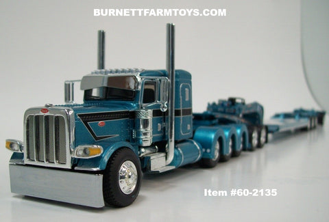 Item #60-2135 Aqua Blue Metallic Black Stripe Silver Outline Peterbilt 389 36-inch Flattop Sleeper with Aqua Blue Metallic Tri-Axle Heavy Haul Fontaine Magnitude Lowboy Trailer with Jeep and Stinger - 1/64 Scale – DCP by First Gear