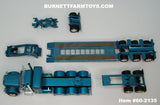 Item #60-2135 Aqua Blue Metallic Black Stripe Silver Outline Peterbilt 389 36-inch Flattop Sleeper with Aqua Blue Metallic Tri-Axle Heavy Haul Fontaine Magnitude Lowboy Trailer with Jeep and Stinger - 1/64 Scale – DCP by First Gear