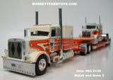 Item #60-2138 Kulak and Sons 3 Cream Orange Brown Outline Peterbilt 389 63-inch Flattop Sleeper and Peterbilt 359 60-inch Vintage Flattop Sleeper with Cream Orange Tri-Axle Fontaine Renegade Machinery Trailer - 1/64 Scale – DCP by First Gear