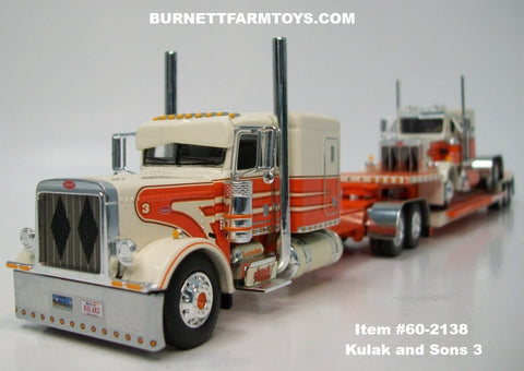 Item #60-2138 Kulak and Sons 3 Cream Orange Brown Outline Peterbilt 389 63-inch Flattop Sleeper and Peterbilt 359 60-inch Vintage Flattop Sleeper with Cream Orange Tri-Axle Fontaine Renegade Machinery Trailer - 1/64 Scale – DCP by First Gear