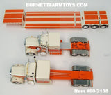 Item #60-2138 Kulak and Sons 3 Cream Orange Brown Outline Peterbilt 389 63-inch Flattop Sleeper and Peterbilt 359 60-inch Vintage Flattop Sleeper with Cream Orange Tri-Axle Fontaine Renegade Machinery Trailer - 1/64 Scale – DCP by First Gear