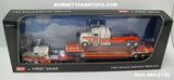 Item #60-2138 Kulak and Sons 3 Cream Orange Brown Outline Peterbilt 389 63-inch Flattop Sleeper and Peterbilt 359 60-inch Vintage Flattop Sleeper with Cream Orange Tri-Axle Fontaine Renegade Machinery Trailer - 1/64 Scale – DCP by First Gear